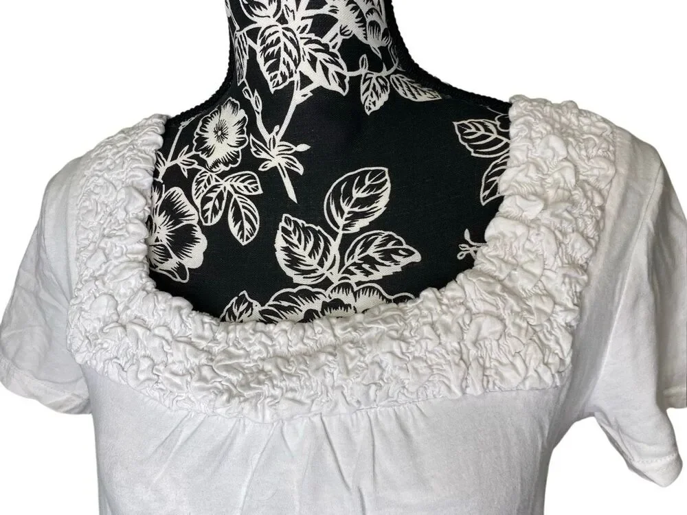 Basic Editions White Ruched Square Neck Short Sleeve Top Cottagecore Casual